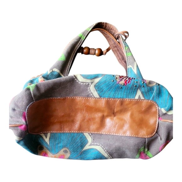 Fossil Floral Embroidered Leather Trim and Fabric Summer Women's Tote Bag - Picture 5 of 8